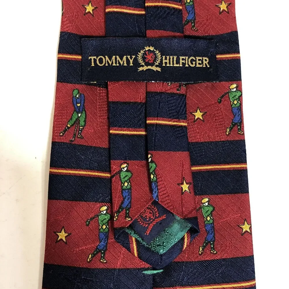 Tommy Hilfiger Golf Tie, Navy Blue Burgundy Silk Preppy Dadcore Blokecore Retro